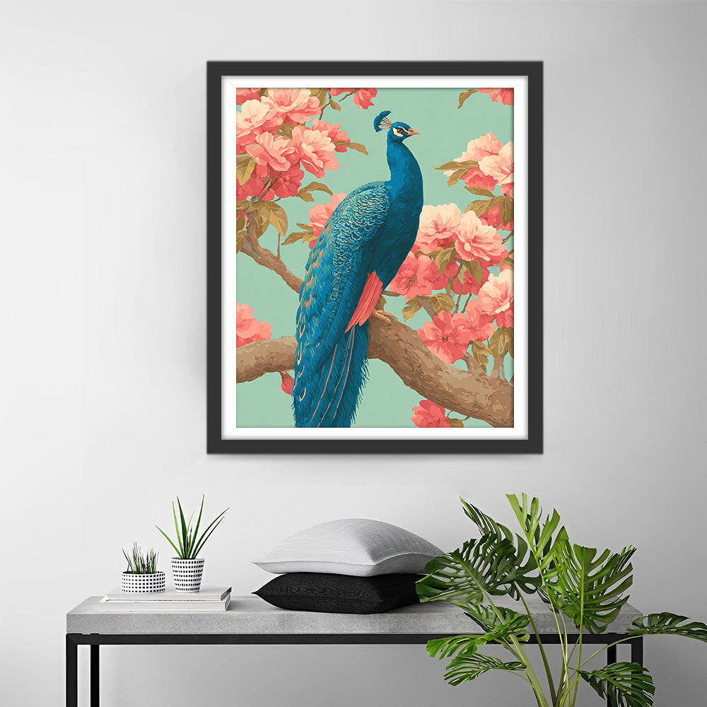 Paon Bleu sur un Arbre Fleuri Rose Broderie Diamant