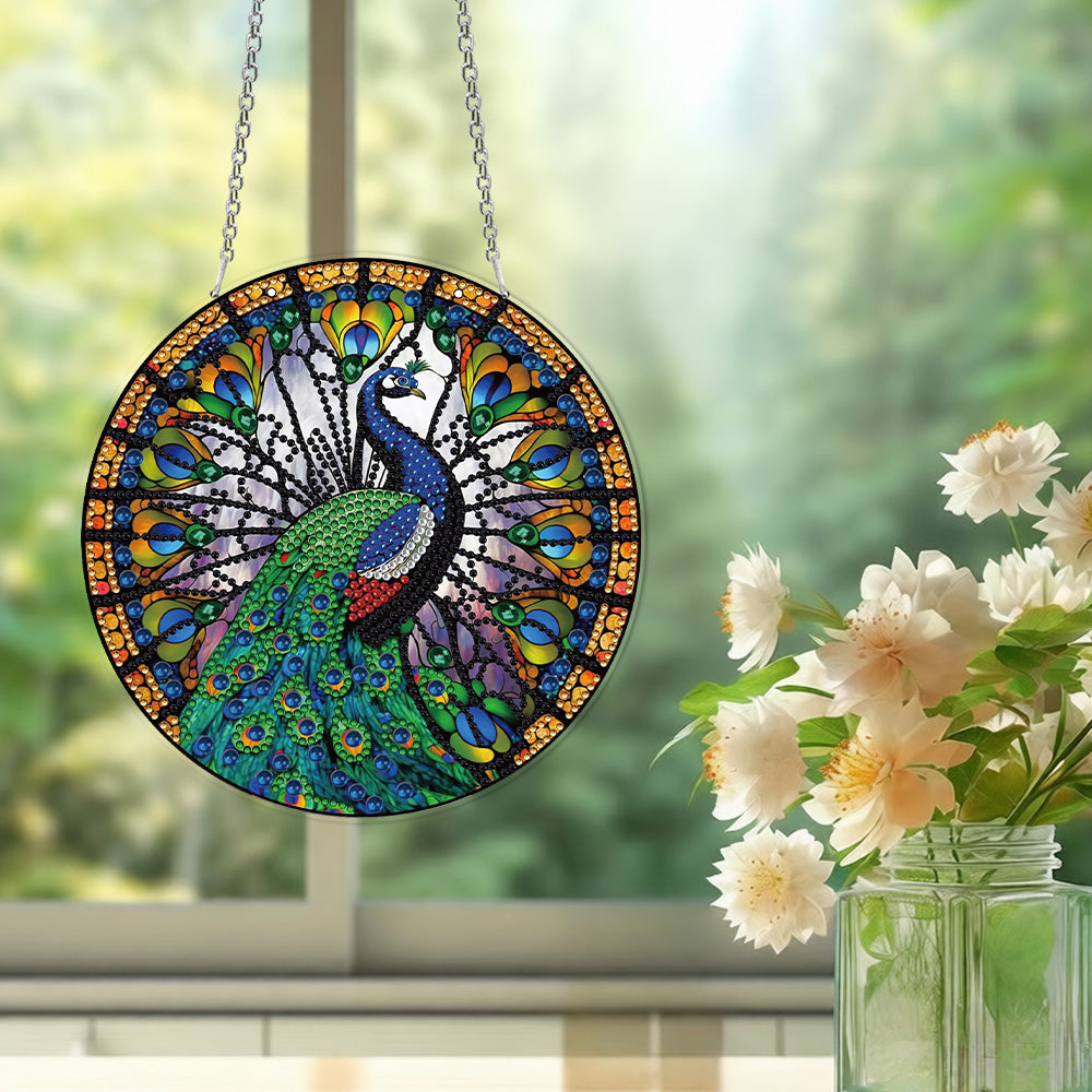 Paon Magnifique Bleu-Vert en Acrylique Pendentif Broderie Diamant
