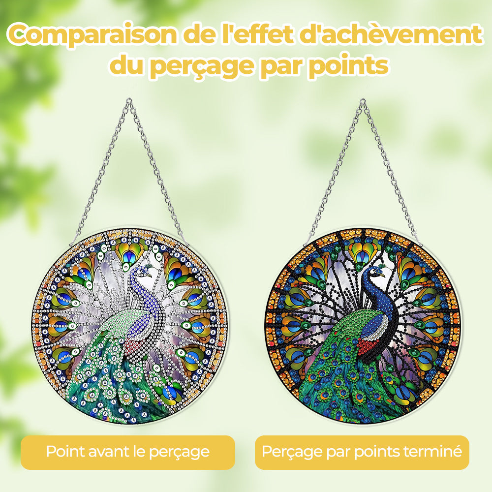 Paon Magnifique Bleu-Vert en Acrylique Pendentif Broderie Diamant