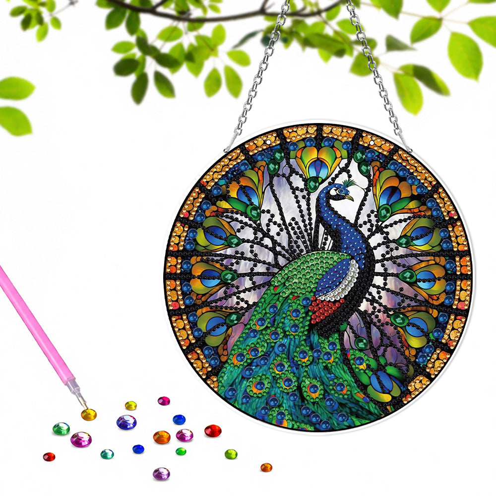 Paon Magnifique Bleu-Vert en Acrylique Pendentif Broderie Diamant