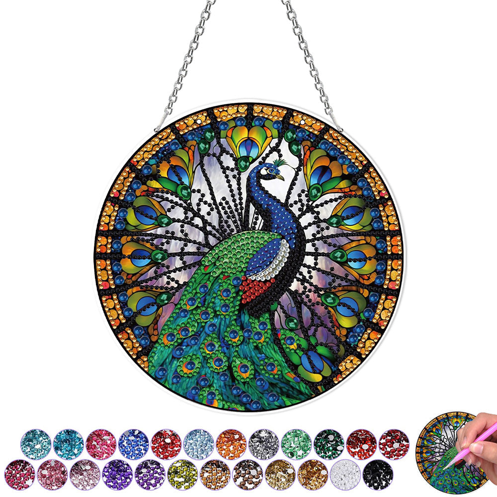 Paon Magnifique Bleu-Vert en Acrylique Pendentif Broderie Diamant