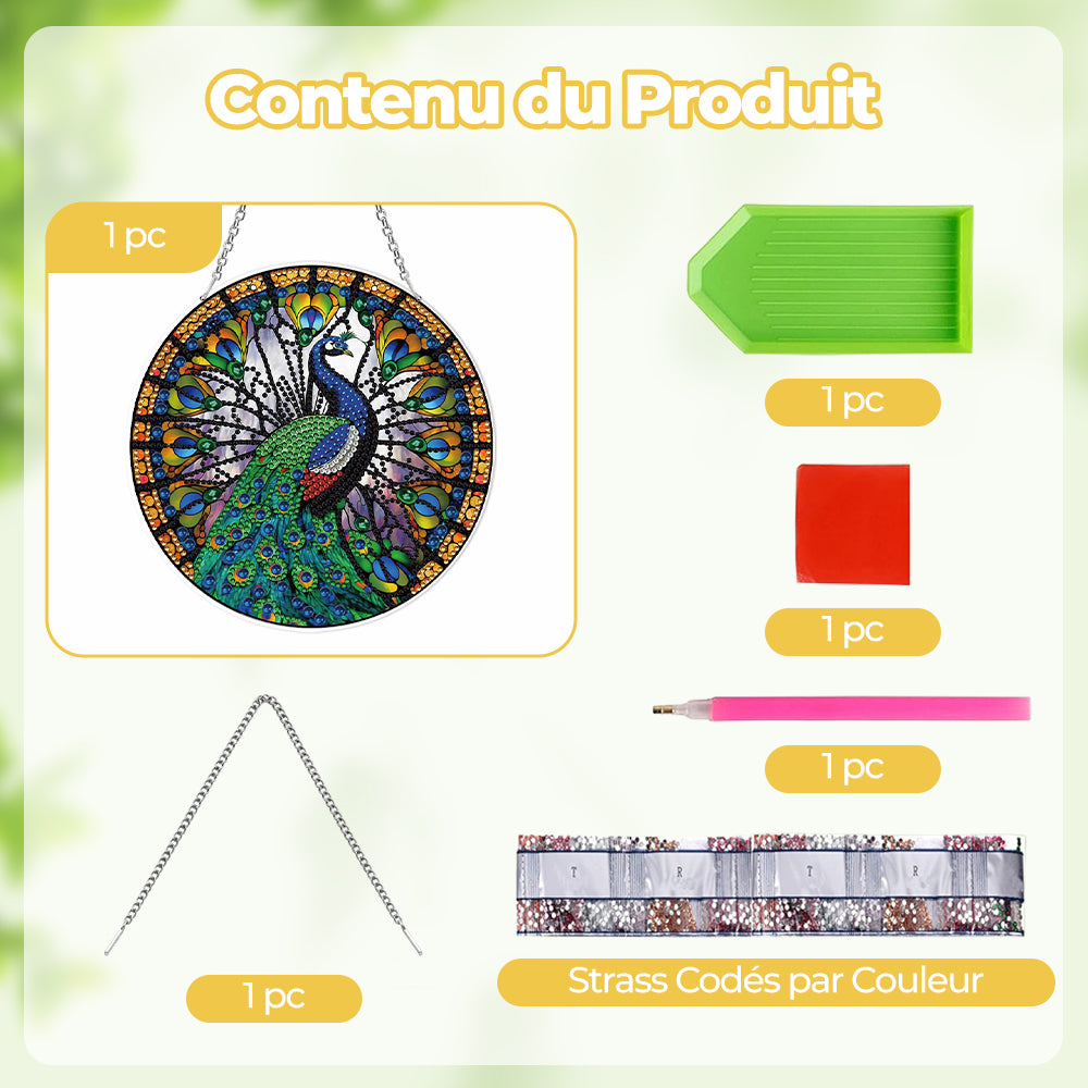 Paon Magnifique Bleu-Vert en Acrylique Pendentif Broderie Diamant