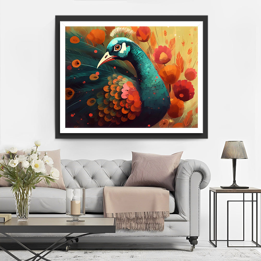 Paon Vert et Fleurs Roses Broderie Diamant