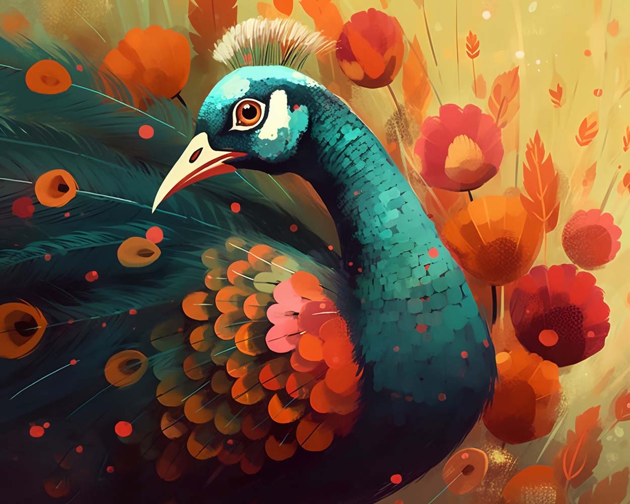 Paon Vert et Fleurs Roses Broderie Diamant