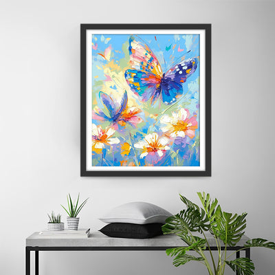 Papillon Coloré et Fleurs Blanches Broderie Diamant