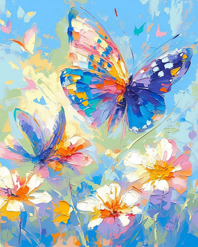 Papillon Coloré et Fleurs Blanches Broderie Diamant