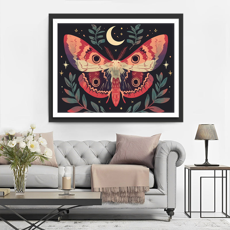 Papillon de Nuit Rouge et Lune Croissante Broderie Diamant