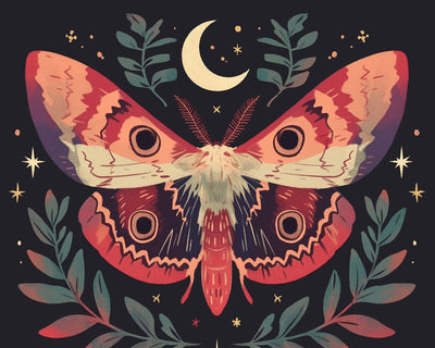Papillon de Nuit Rouge et Lune Croissante Broderie Diamant
