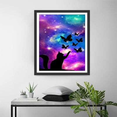 Papillon et Chat sous le Ciel Étoile Violet Broderie Diamant