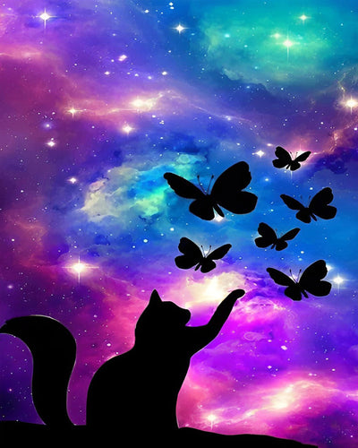 Papillon et Chat sous le Ciel Étoile Violet Broderie Diamant
