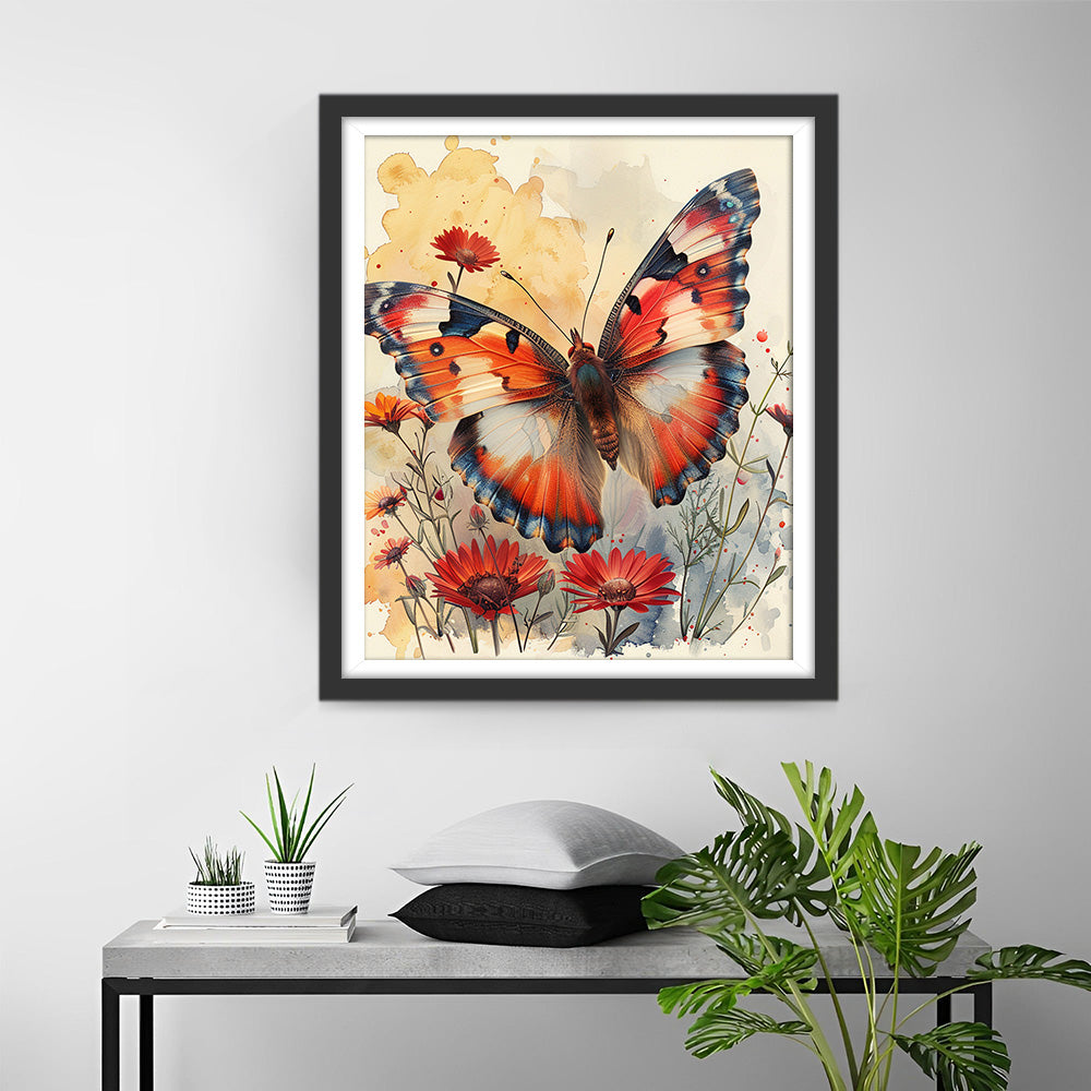Papillon Rouge et Fleurs Broderie Diamant