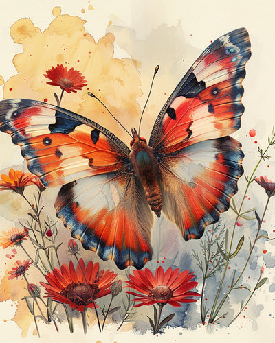 Papillon Rouge et Fleurs Broderie Diamant