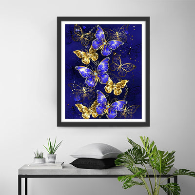 Papillons Bleus et Dorés Broderie Diamant