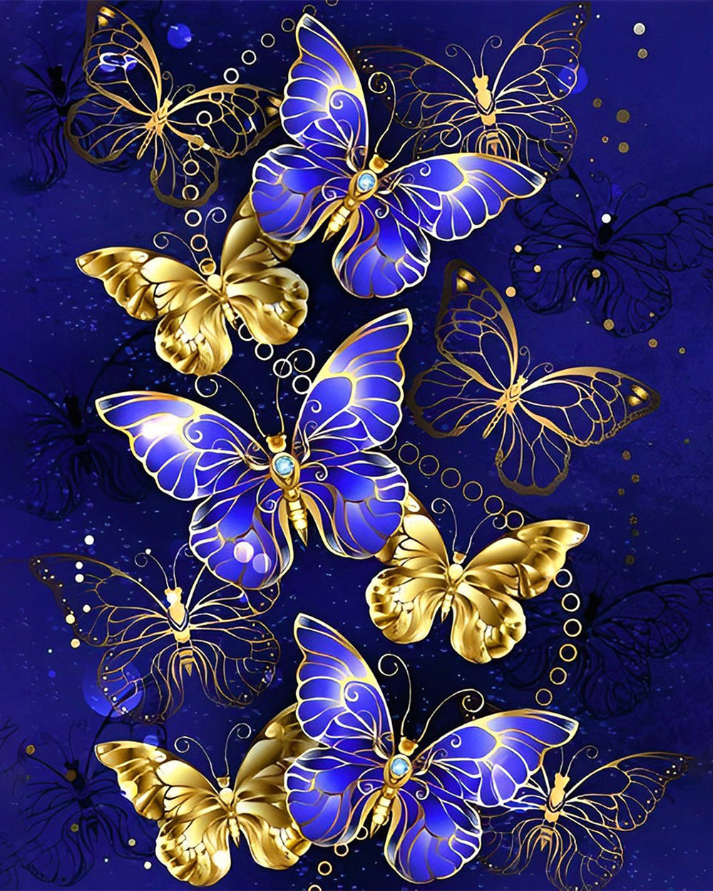 Papillons Bleus et Dorés Broderie Diamant