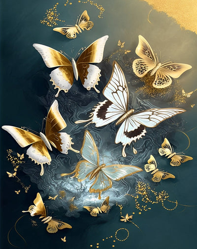 Papillons Dorés et Blancs Broderie Diamant