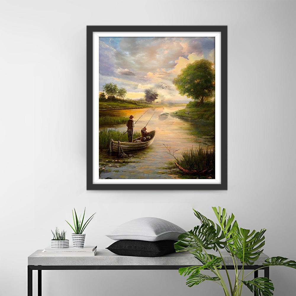 Pêche sur un Bateau au Printemps Broderie Diamant