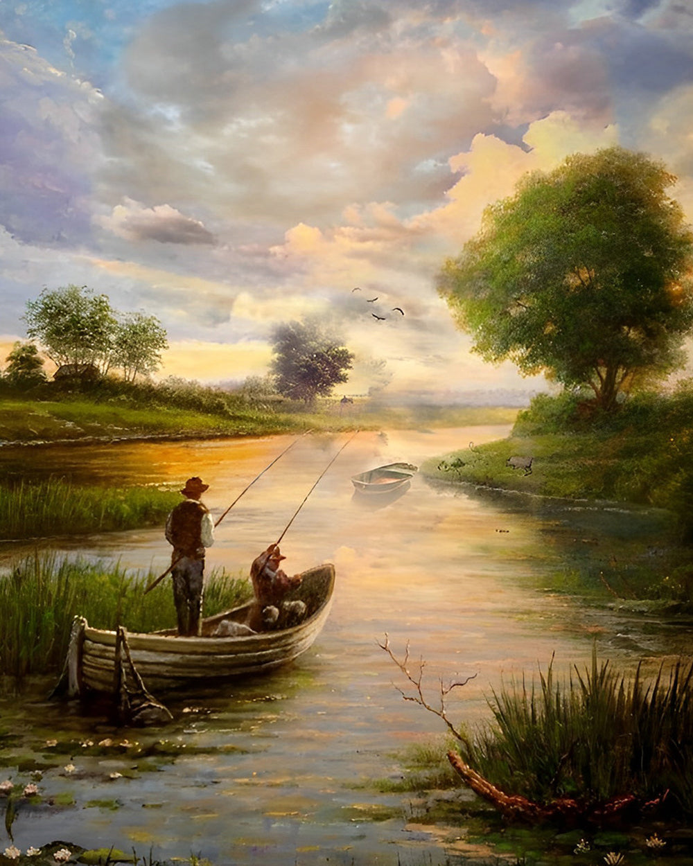 Pêche sur un Bateau au Printemps Broderie Diamant