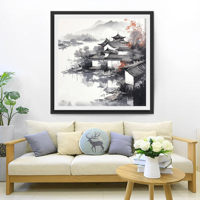 Peinture à l'Encre des Montagnes et des Maisons Broderie Diamant