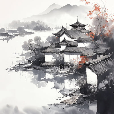 Peinture à l'Encre des Montagnes et des Maisons Broderie Diamant