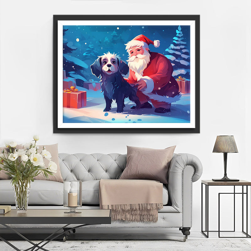 Père Noël et Chien Noir Broderie Diamant