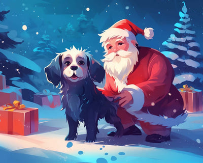 Père Noël et Chien Noir Broderie Diamant