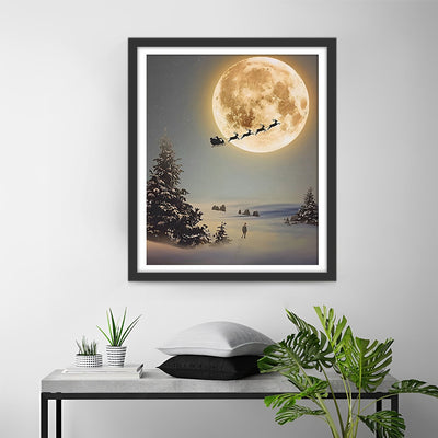 Père Noël et Élan Volant vers la Lune Broderie Diamant
