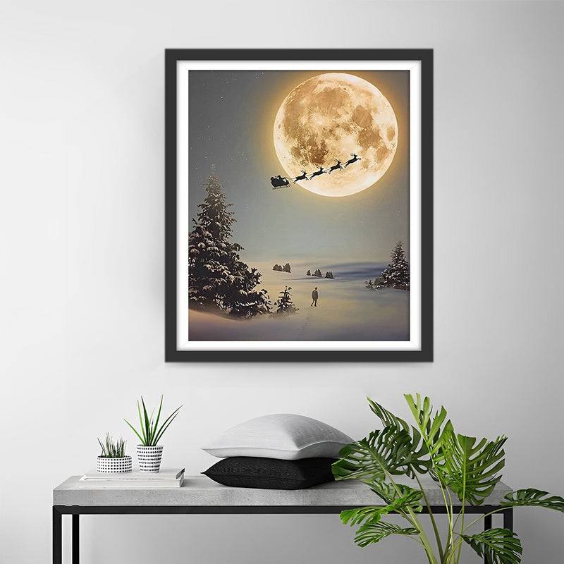 Père Noël et Élan Volant vers la Lune Broderie Diamant