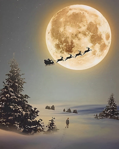 Père Noël et Élan Volant vers la Lune Broderie Diamant