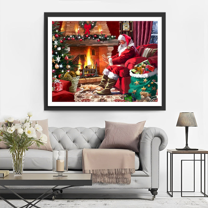 Père Noël et Sapin de Noël près de la Cheminee Broderie Diamant