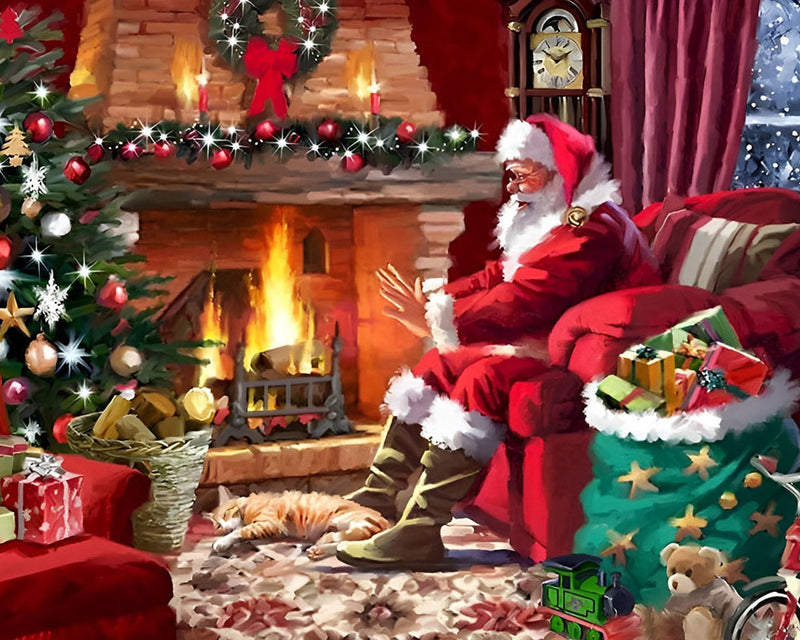 Père Noël et Sapin de Noël près de la Cheminee Broderie Diamant