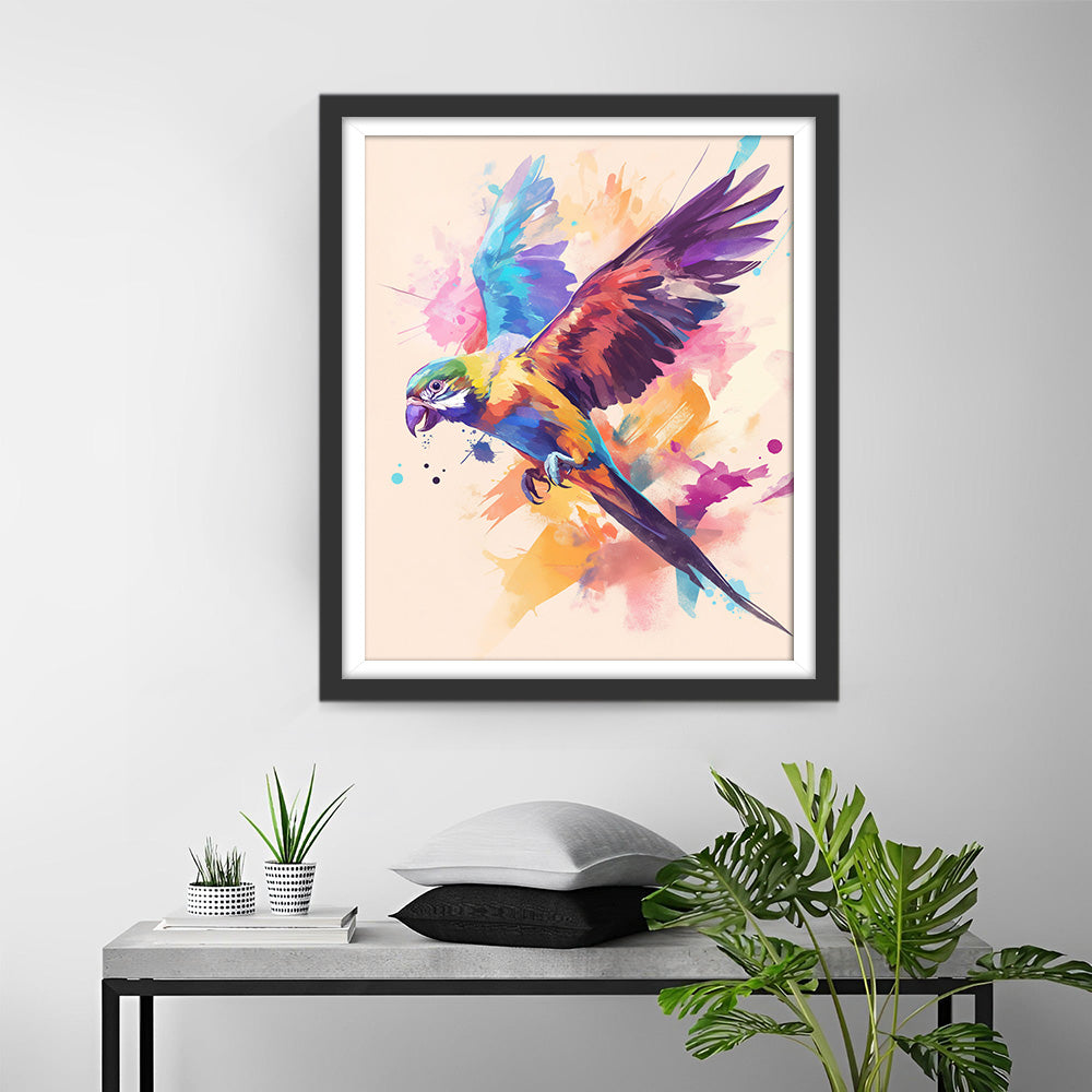 Perroquet Coloré en Vol Broderie Diamant