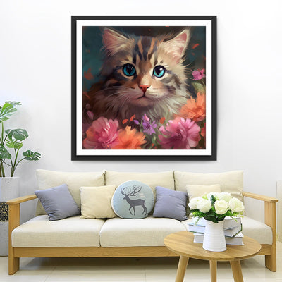 Petit Chat et Fleurs Broderie Diamant
