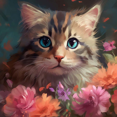 Petit Chat et Fleurs Broderie Diamant