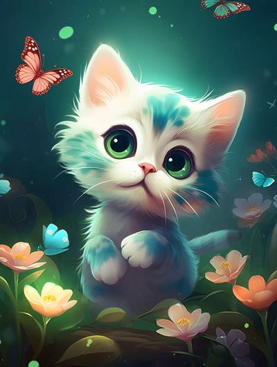 Petit Chat et Fleurs Broderie Diamant