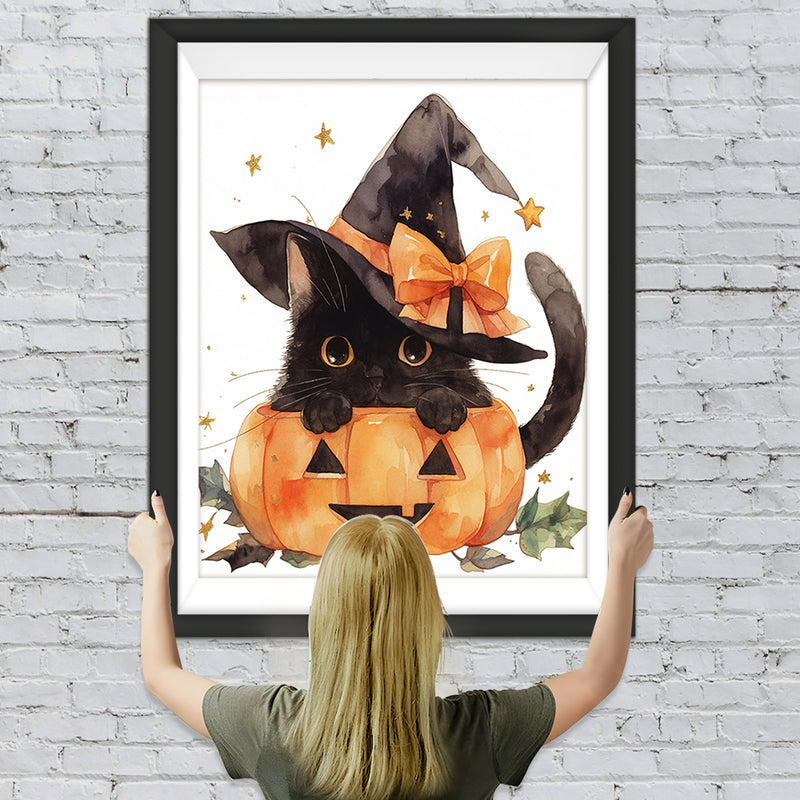 Petit Chat Noir dans Une Lampe de Citrouille Broderie Diamant