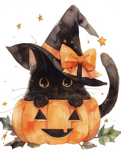 Petit Chat Noir dans Une Lampe de Citrouille Broderie Diamant