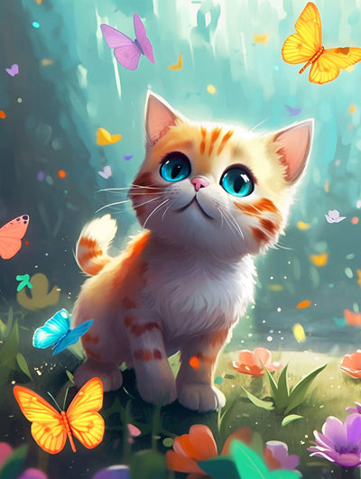 Petit Chat Orange Chassant des Papillons Broderie Diamant