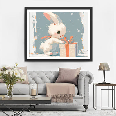 Petit Lapin Blanc Ouvrant une Boîte Cadeau Broderie Diamant