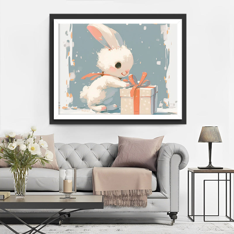 Petit Lapin Blanc Ouvrant une Boîte Cadeau Broderie Diamant