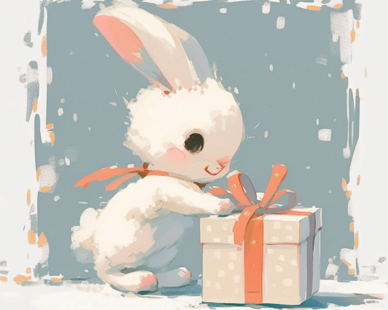 Petit Lapin Blanc Ouvrant une Boîte Cadeau Broderie Diamant