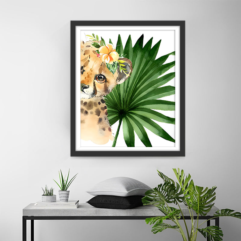 Petit Leopard et Feuille Verte Broderie Diamant