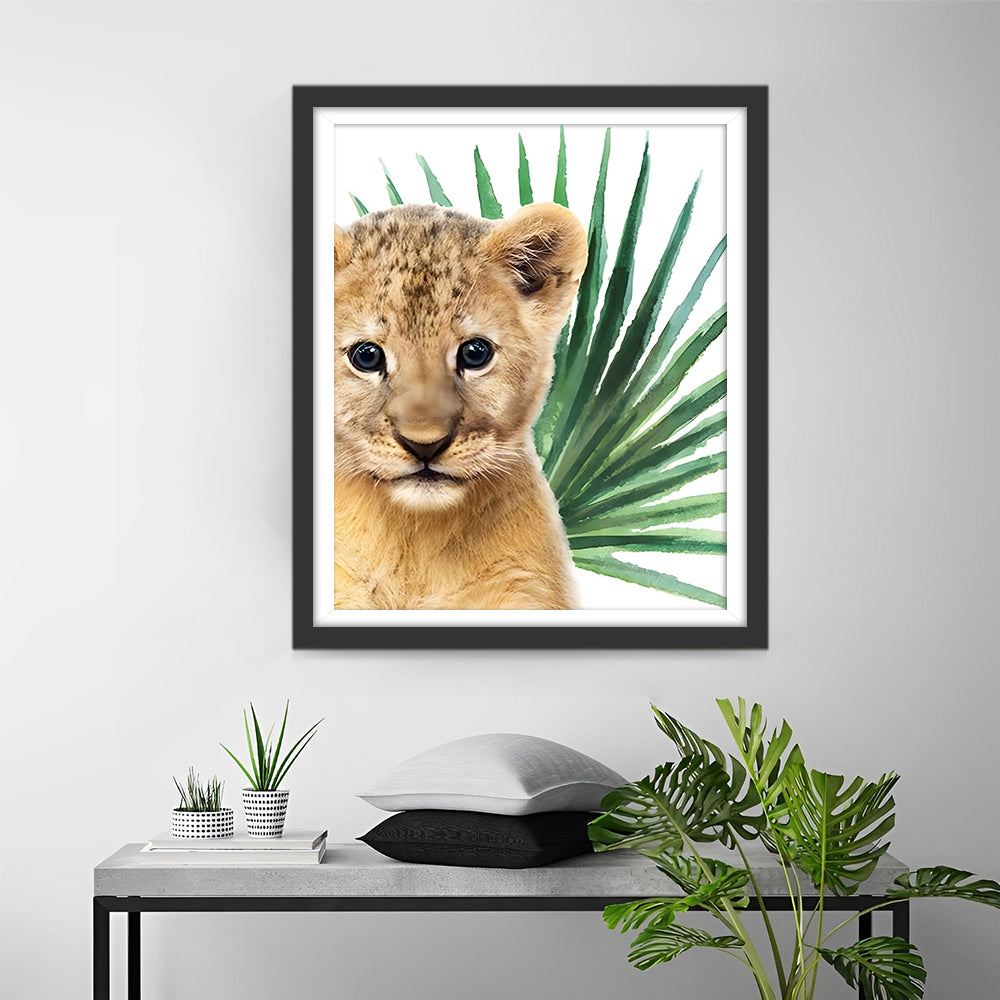 Petit Lion et Feuille Verte Broderie Diamant