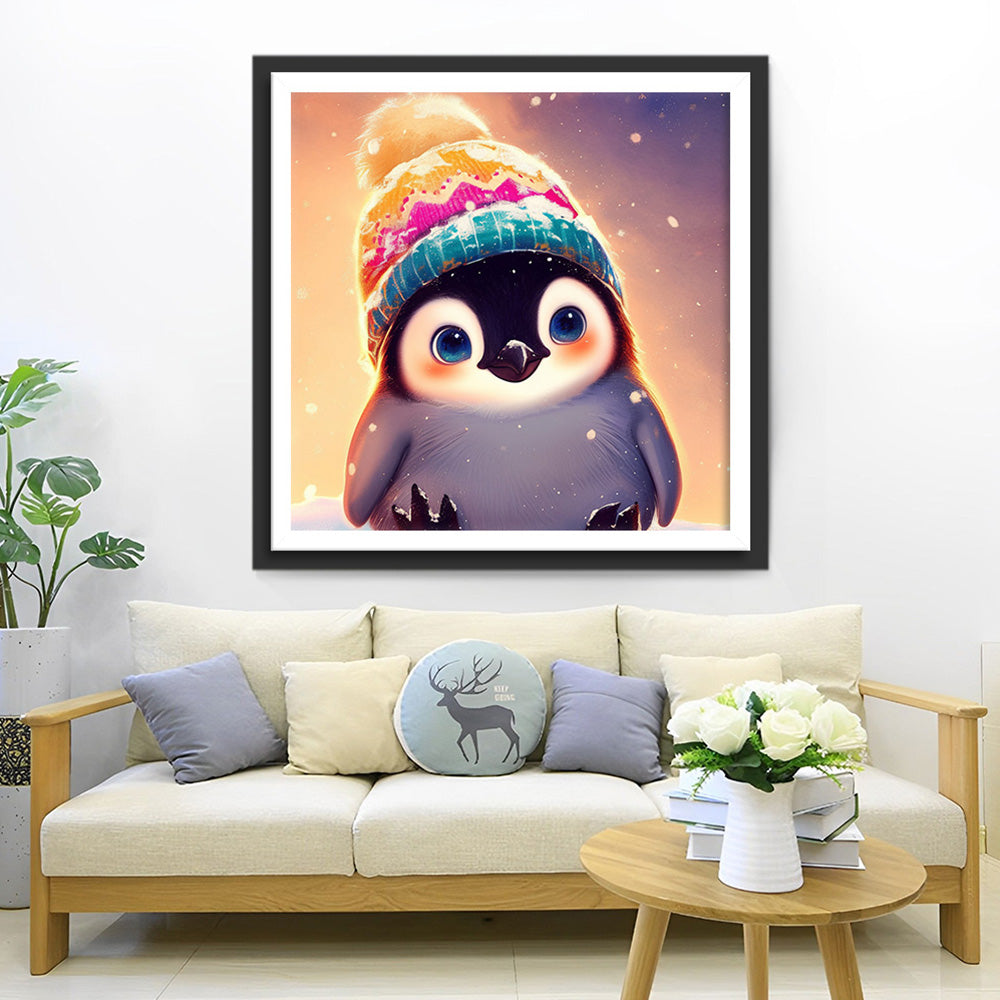 Petit Manchot avec un Bonnet en Laine Broderie Diamant