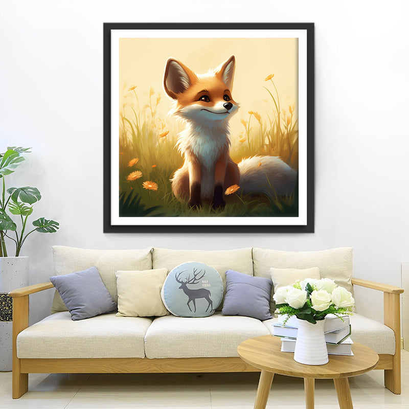 Petit Renard Souriant et Marguerites Broderie Diamant