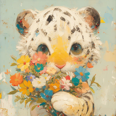 Petit Tigre Blanc Tenant des Fleurs Broderie Diamant