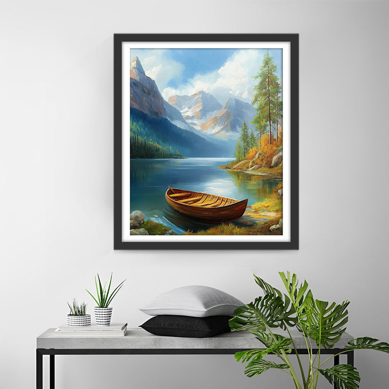Petite Barque en Bois sur le Lac de Montagne Broderie Diamant