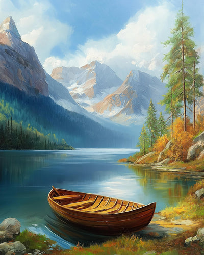 Petite Barque en Bois sur le Lac de Montagne Broderie Diamant
