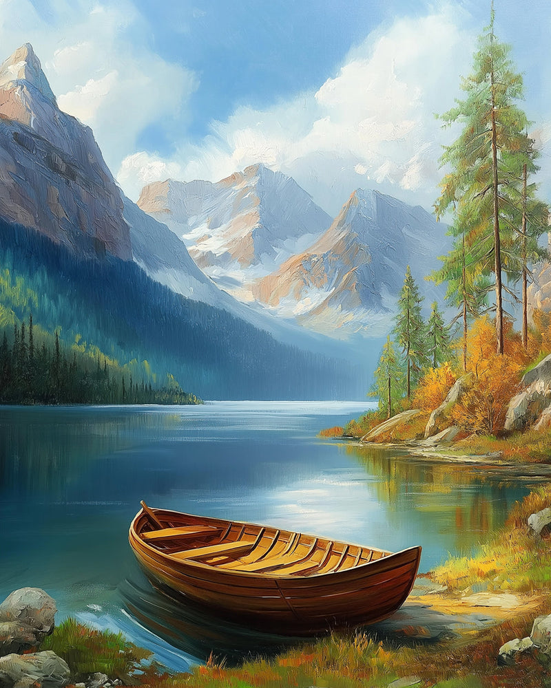 Petite Barque en Bois sur le Lac de Montagne Broderie Diamant