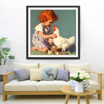 Petite Fille et Poule Blanche Broderie Diamant