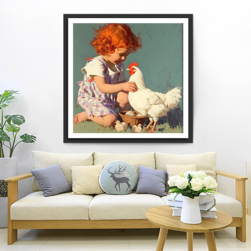 Petite Fille et Poule Blanche Broderie Diamant